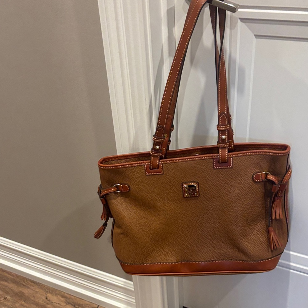 Dooney & Bourke Brown and Tan Pebbled Leather Tote with Tassels